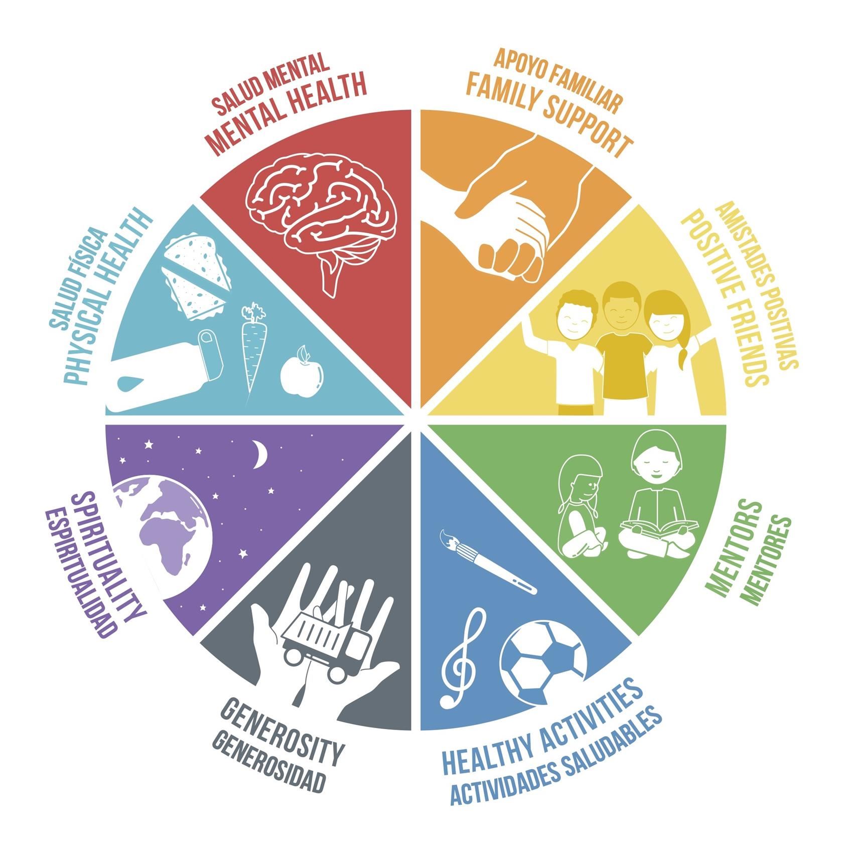  Colorful wheel naming the 8 sources of strengths
